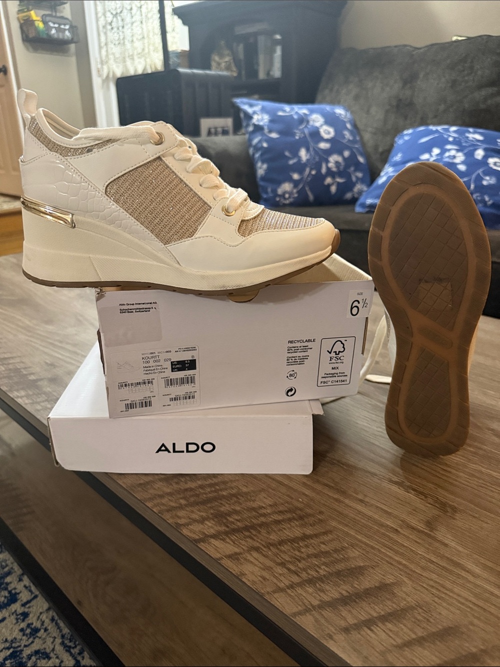 ALDO Kourt White & Gold Wedge Sneakers Size 6.5